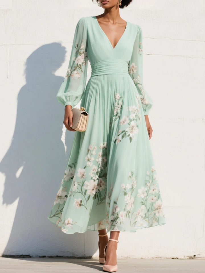 Dorialora | Women's Elegant V-Neck Floral Wedding Guest Dress — Light Green