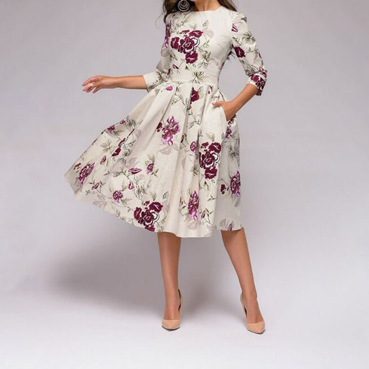 Dorialyn | Women's Elegant Modern Knee-Length Dress with Flowery Print — 1