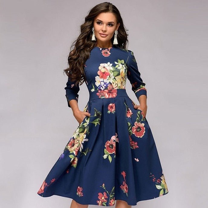 Dorialyn | Women's Elegant Modern Knee-Length Dress with Flowery Print — Navy blue