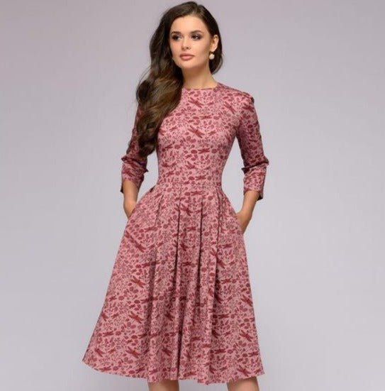 Dorialyn | Women's Elegant Modern Knee-Length Dress with Flowery Print — Pink