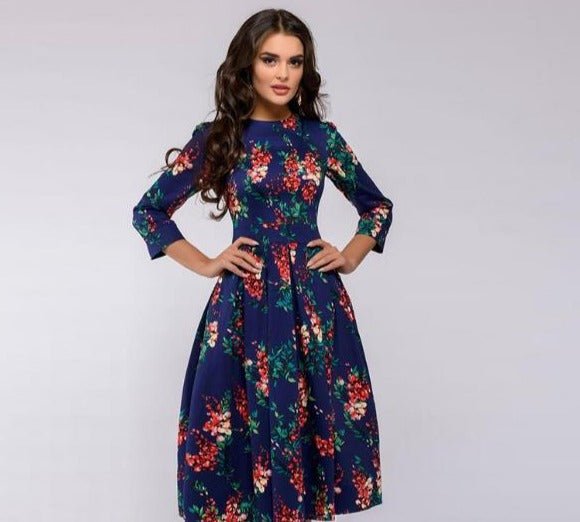 Dorialyn | Women's Elegant Modern Knee-Length Dress with Flowery Print — Purple-blue