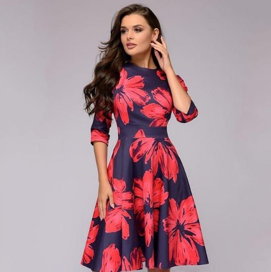 Dorialyn | Women's Elegant Modern Knee-Length Dress with Flowery Print — Red flowered