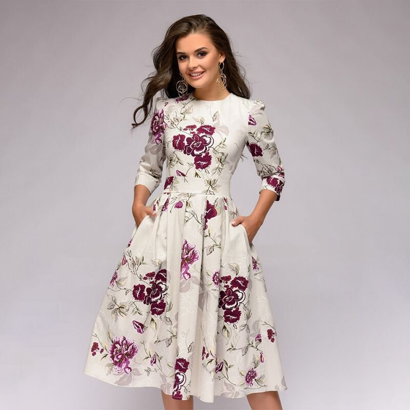 Dorialyn | Women's Elegant Modern Knee-Length Dress with Flowery Print — White