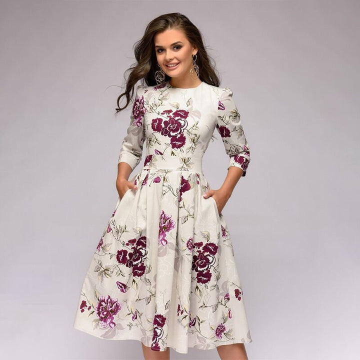 Dorialyn | Women's Elegant Modern Knee-Length Dress with Flowery Print — White