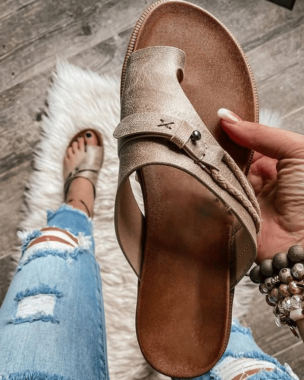 Doriine | Women's Flat Toe Loop Sandals Cushioned Footbed Slides — Beige
