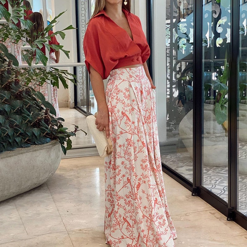 Dorithea | Women's Graceful Floral Inspired Two Piece Set — Dark Orange