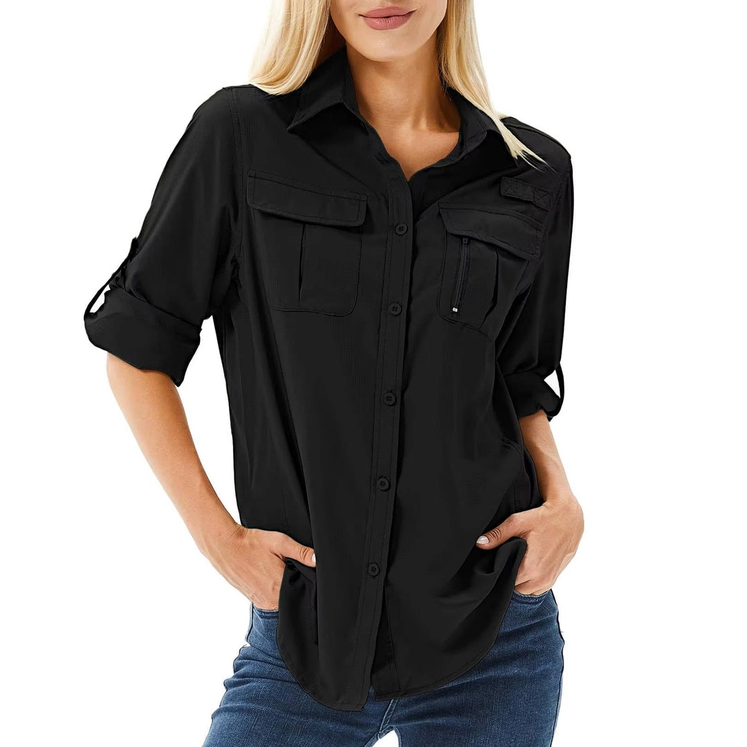 Black button-up shirt worn by a model on a white background