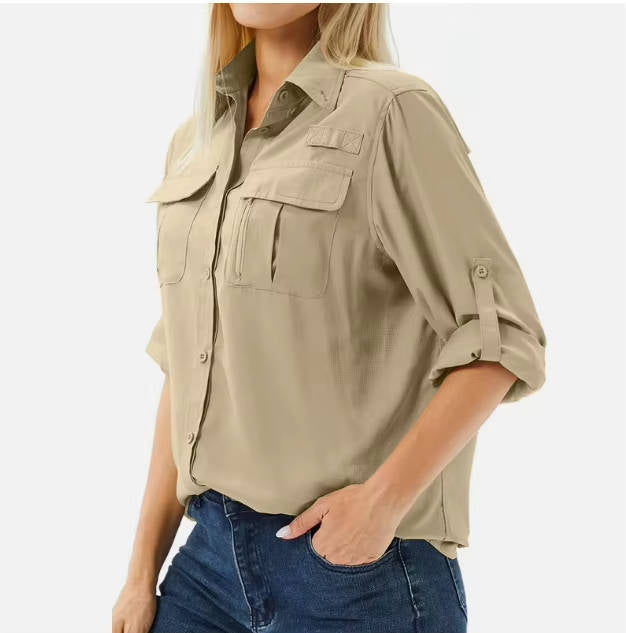 Beige safari-style shirt worn by a person on a white background