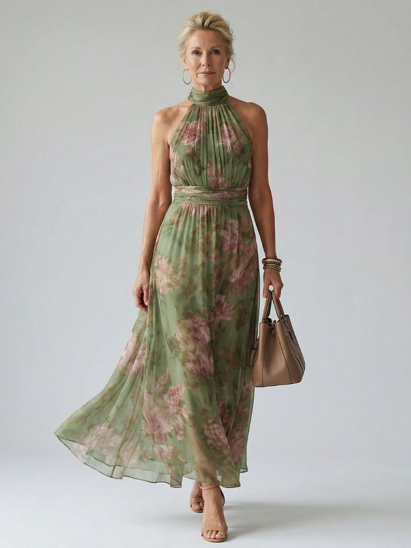 Elodessa | Women's Elegant Floral Halter Neck Midi Dress — 1