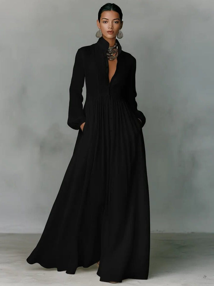 Eloeen | Women's Elegant Blend Maxi Shirt Dress with Stand Collar and Pockets for — Black