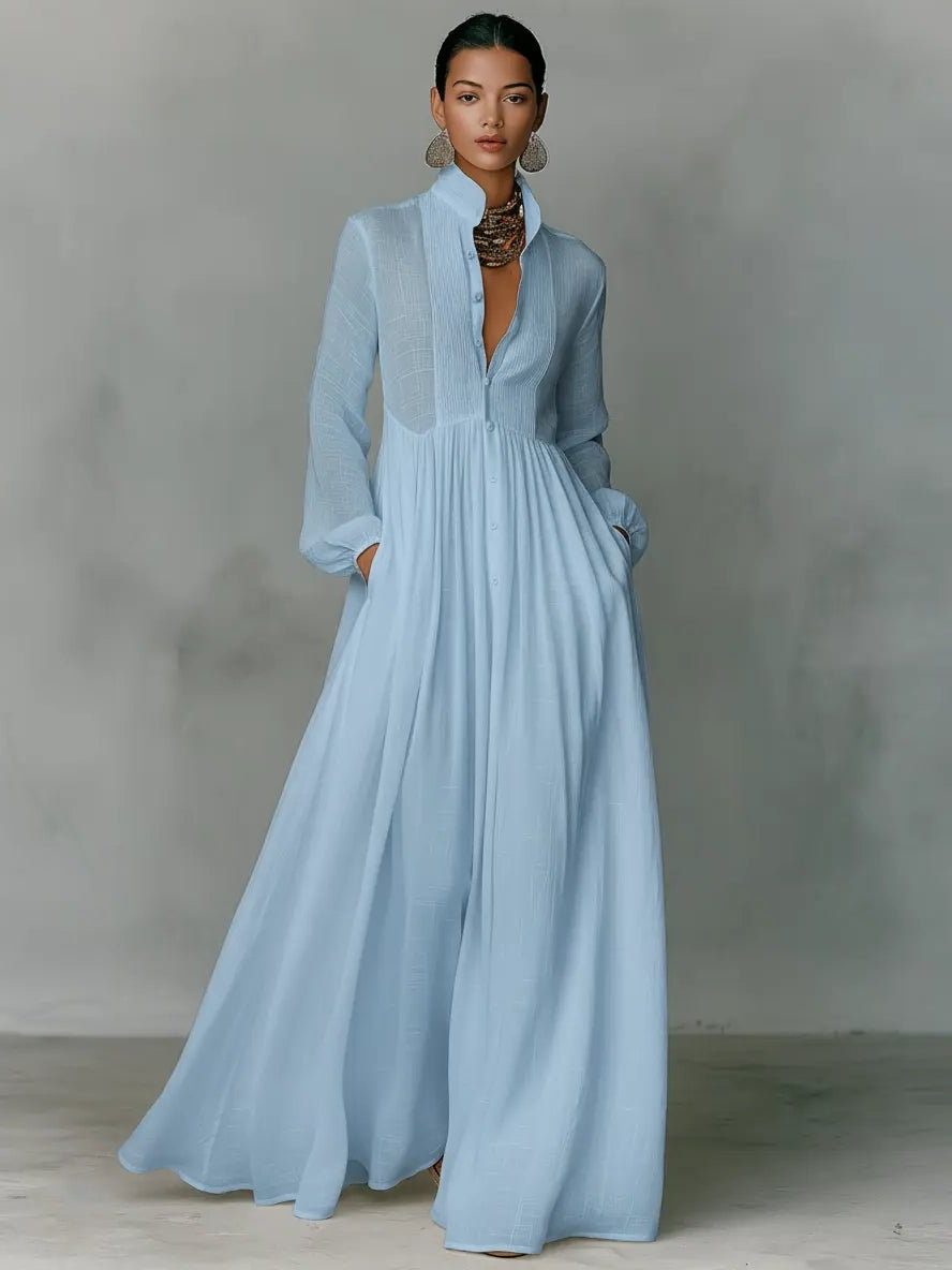 Eloeen | Women's Elegant Blend Maxi Shirt Dress with Stand Collar and Pockets for — Blue