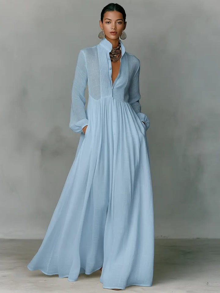 Eloeen | Women's Elegant Blend Maxi Shirt Dress with Stand Collar and Pockets for — Blue