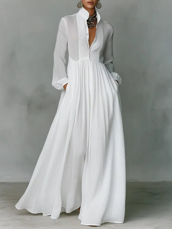 Eloeen | Women's Elegant Blend Maxi Shirt Dress with Stand Collar and Pockets for — 1