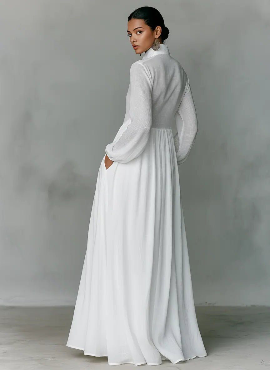Eloeen | Women's Elegant Blend Maxi Shirt Dress with Stand Collar and Pockets for — 2