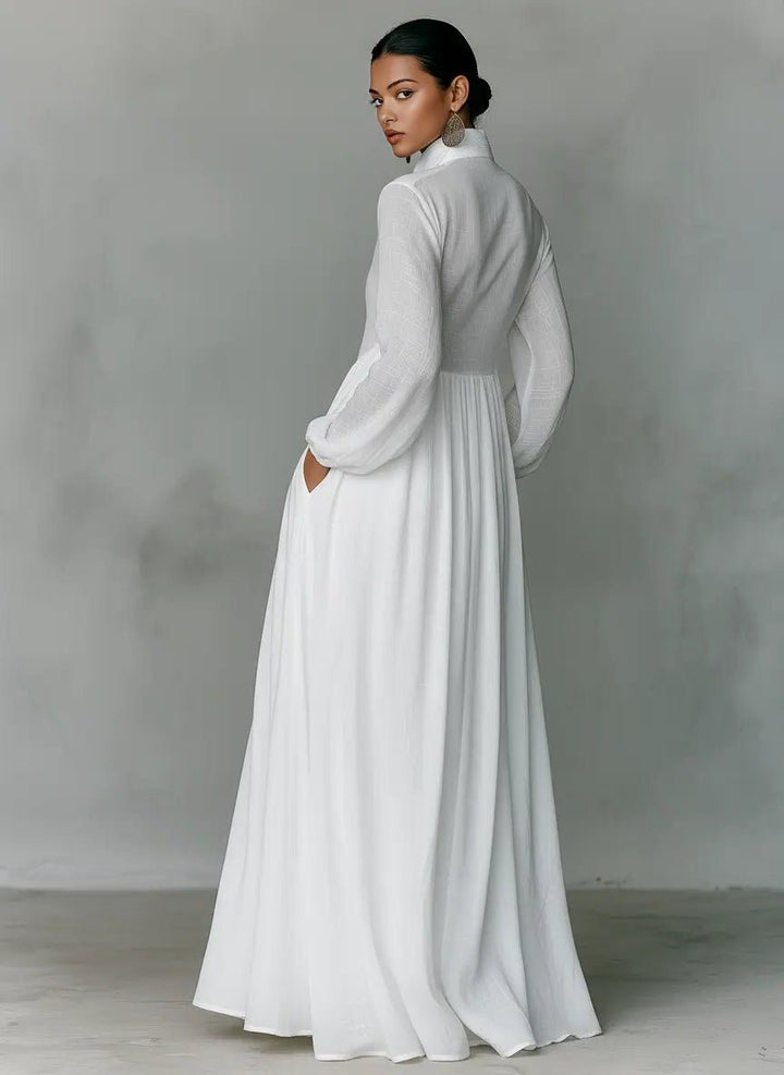 Eloeen | Women's Elegant Blend Maxi Shirt Dress with Stand Collar and Pockets for — 2