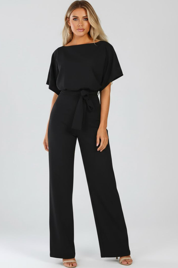 Elovanne | Women's Elegant Wide-Leg Jumpsuit Beige Tie-Waist Boat Neck for — Black