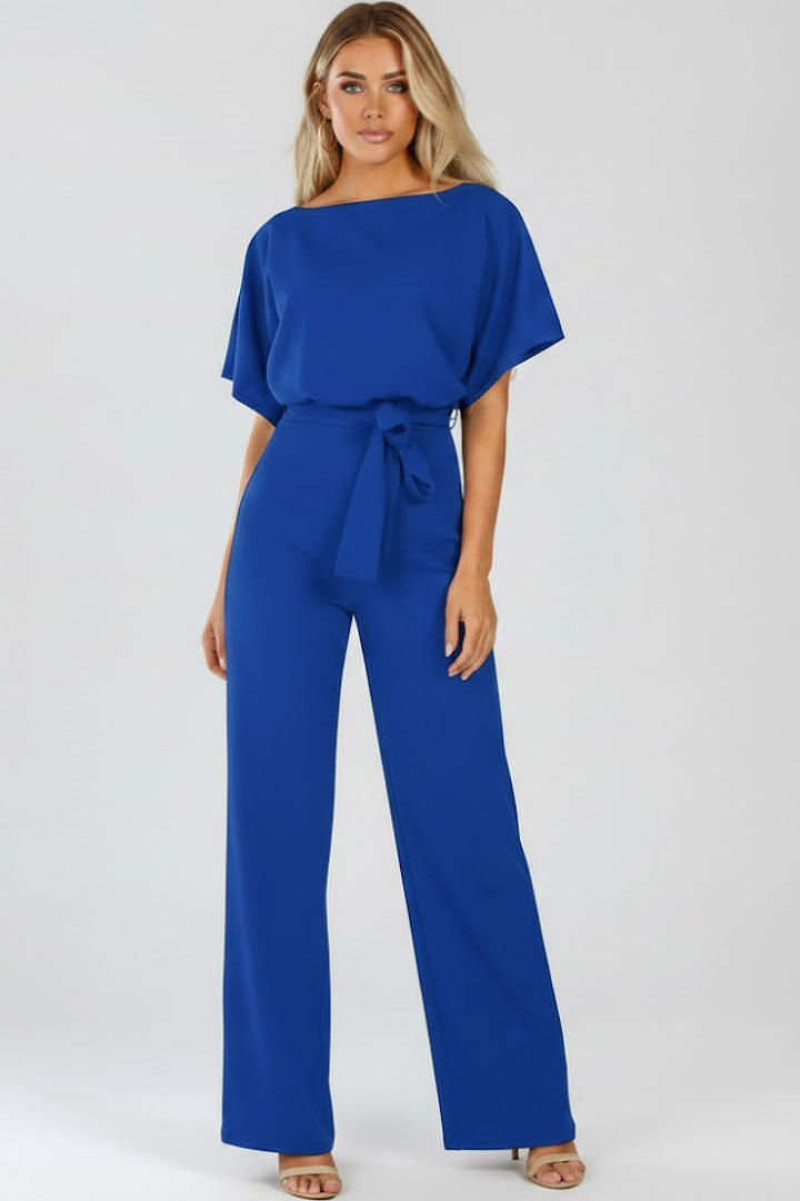 Elovanne | Women's Elegant Wide-Leg Jumpsuit Beige Tie-Waist Boat Neck for — Blue