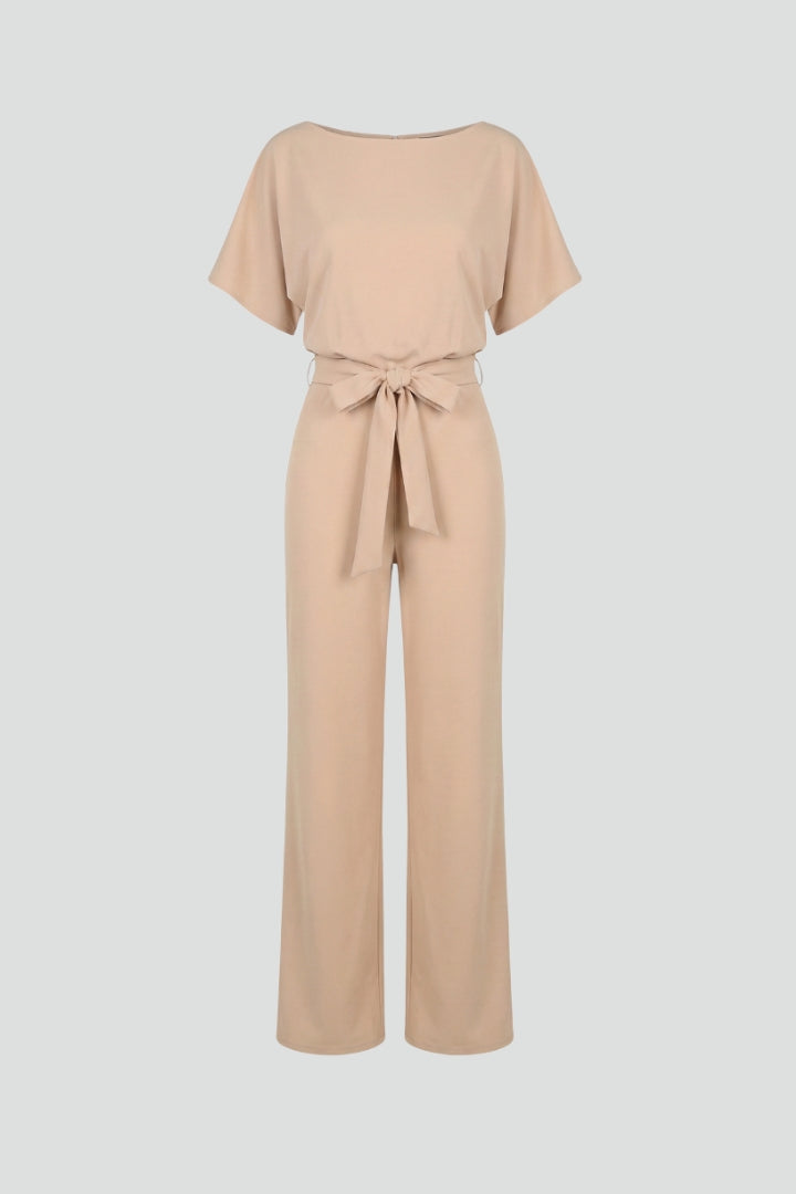 Elovanne | Women's Elegant Wide-Leg Jumpsuit Beige Tie-Waist Boat Neck for — 1