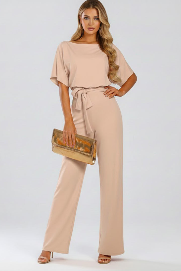 Elovanne | Women's Elegant Wide-Leg Jumpsuit Beige Tie-Waist Boat Neck for — 2