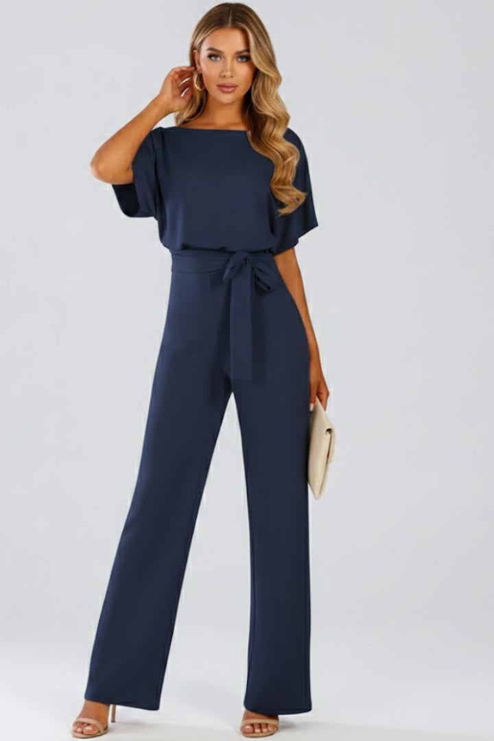 Elovanne | Women's Elegant Wide-Leg Jumpsuit Beige Tie-Waist Boat Neck for — Navy Blue