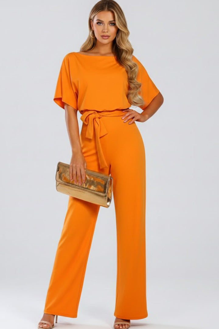 Elovanne | Women's Elegant Wide-Leg Jumpsuit Beige Tie-Waist Boat Neck for — Orange