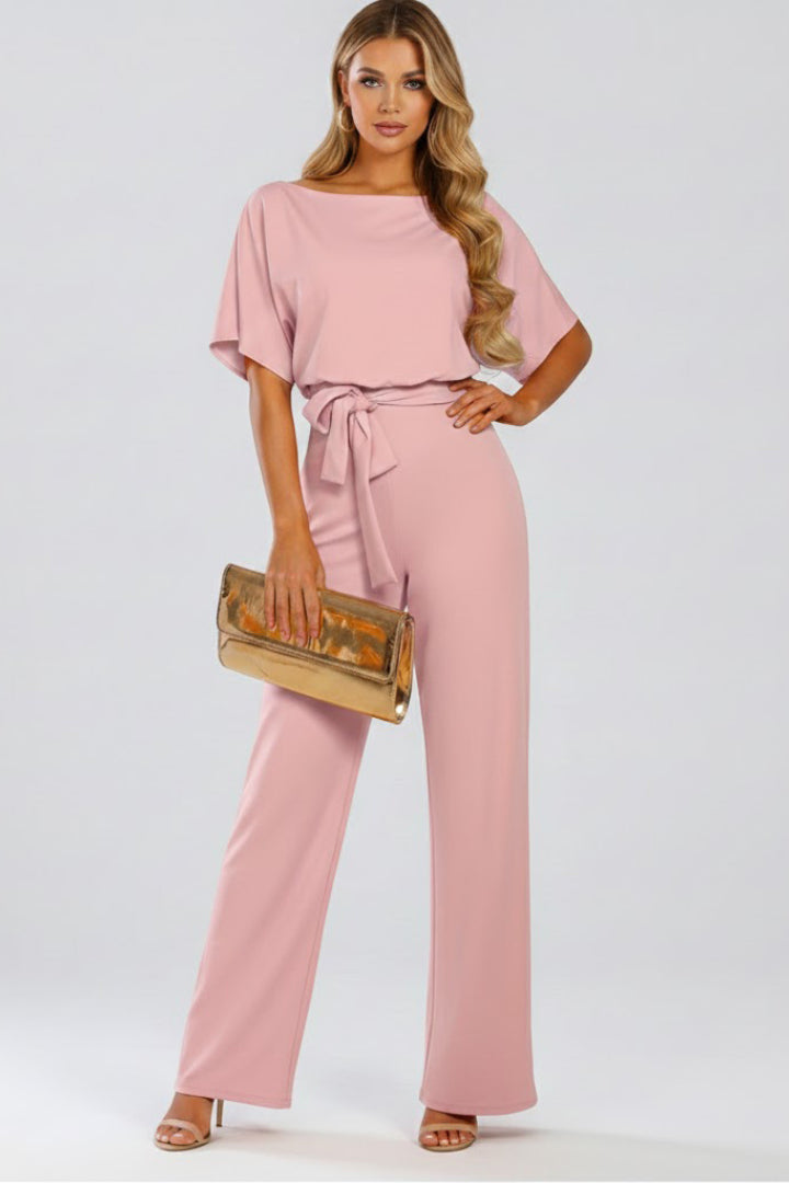 Elovanne | Women's Elegant Wide-Leg Jumpsuit Beige Tie-Waist Boat Neck for — Pink