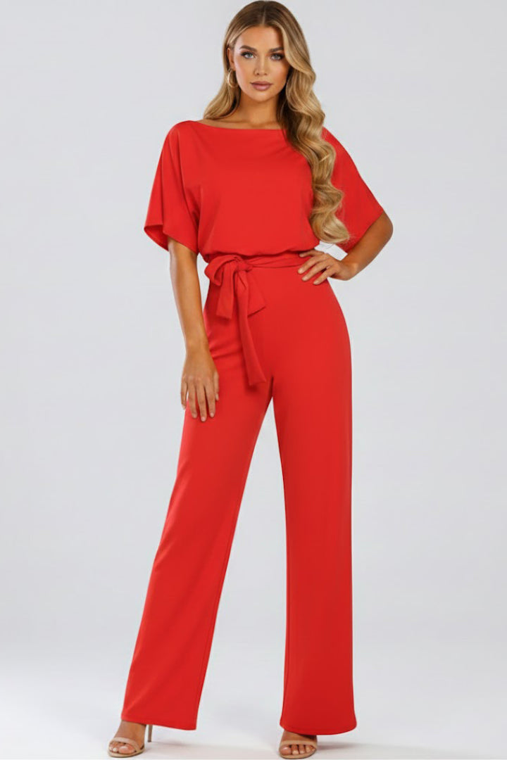 Elovanne | Women's Elegant Wide-Leg Jumpsuit Beige Tie-Waist Boat Neck for — Red