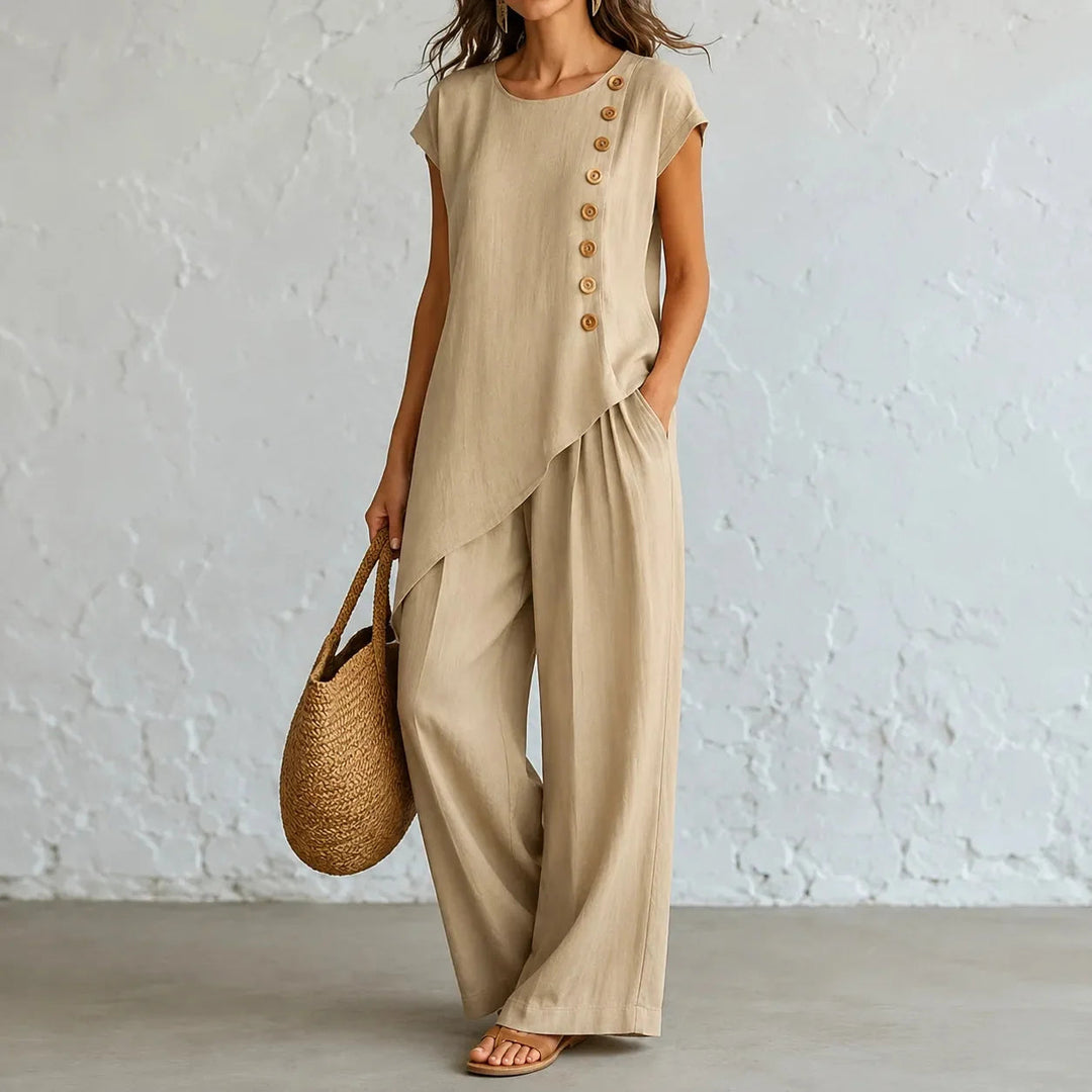 Elowienne | Women's Two-Piece Hem Matching Set with Wide-Leg Pants — Beige
