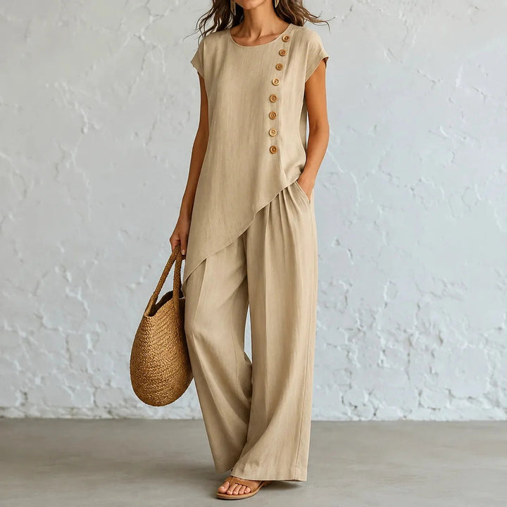 Elowienne | Women's Two-Piece Hem Matching Set with Wide-Leg Pants — Beige