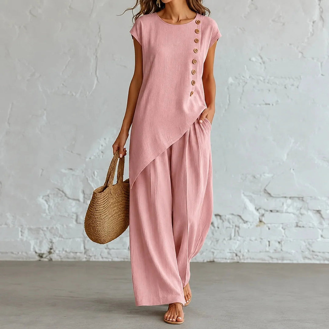 Elowienne | Women's Two-Piece Hem Matching Set with Wide-Leg Pants — Blush