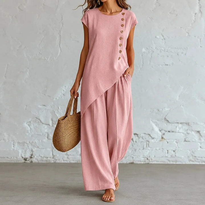 Elowienne | Women's Two-Piece Hem Matching Set with Wide-Leg Pants — Blush