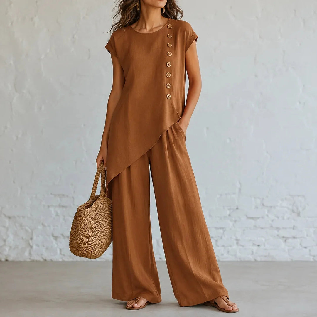 Elowienne | Women's Two-Piece Hem Matching Set with Wide-Leg Pants — Cognac Brown
