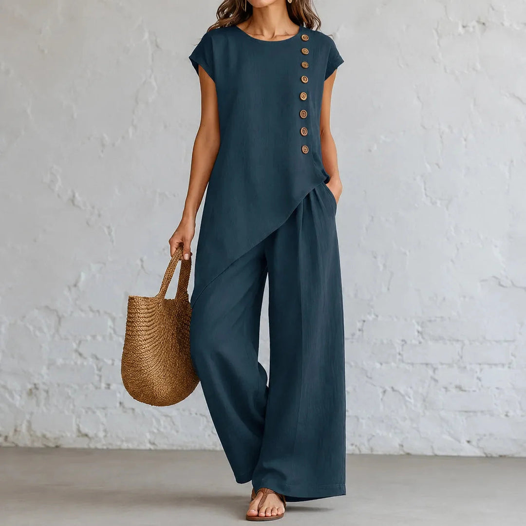 Elowienne | Women's Two-Piece Hem Matching Set with Wide-Leg Pants — Navy Blue