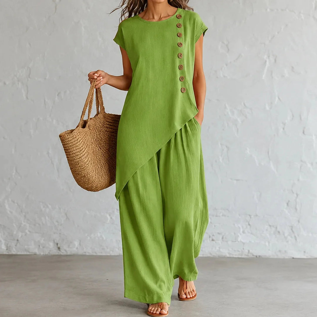 Elowienne | Women's Two-Piece Hem Matching Set with Wide-Leg Pants — Olive Green
