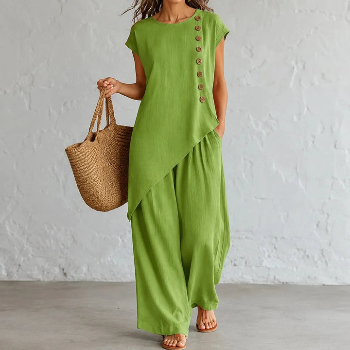 Elowienne | Women's Two-Piece Hem Matching Set with Wide-Leg Pants — Olive Green