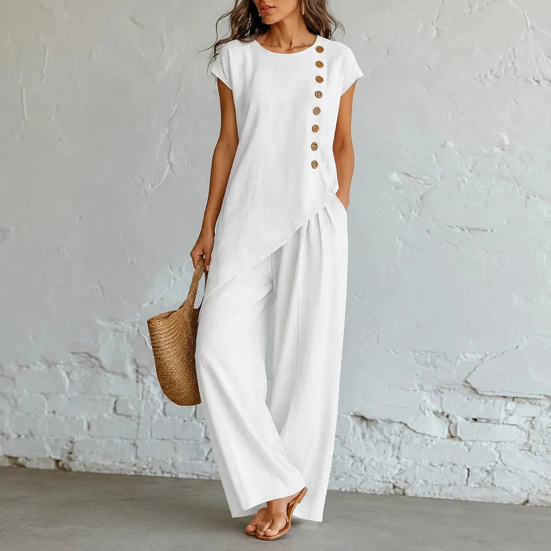 Elowienne | Women's Two-Piece Hem Matching Set with Wide-Leg Pants — White