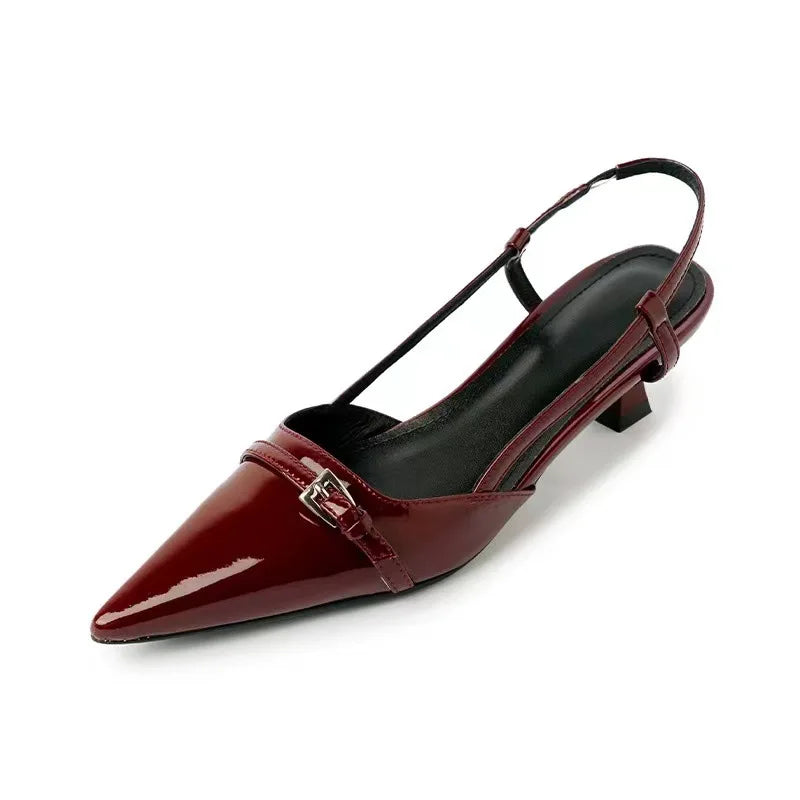 Emerora | Women's Cushioned Slip-On Slingback Heels Patent Leather-look Pointed Toe Loafers — Burgundy