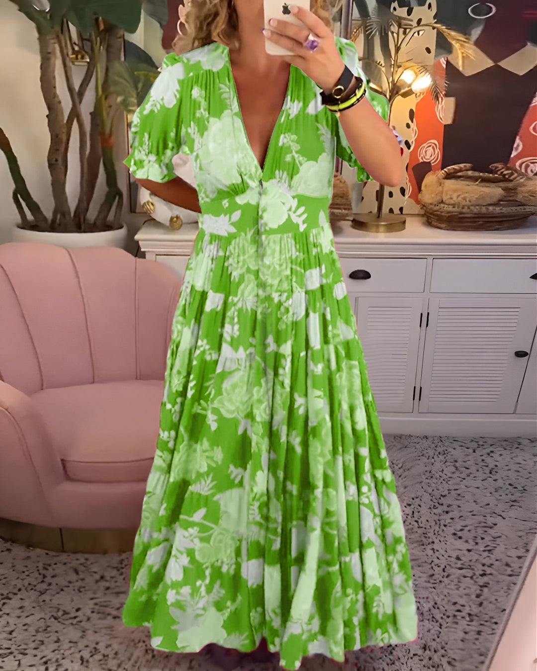 Emerreth | Women's Floral Print V-Neck Pocket Dress — Green