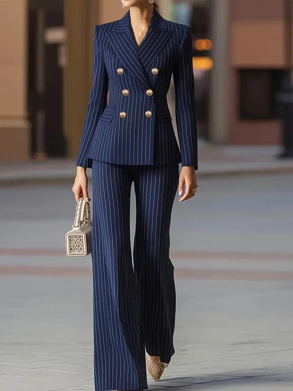 Emersia | Women's Navy Pinstripe Two Piece Matching Set with Wide Leg Pants — 1