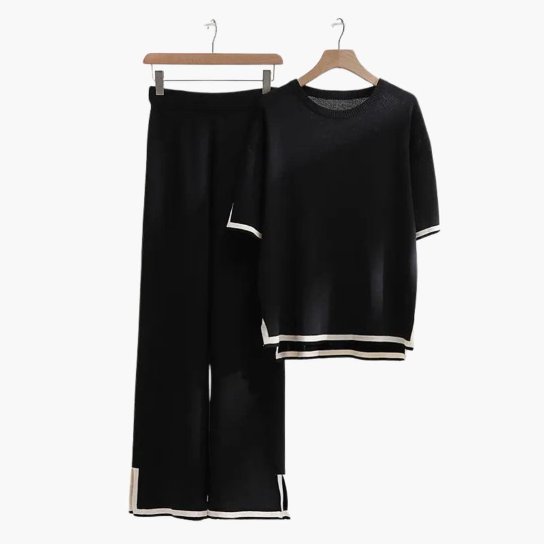 Esmeisse | Women's Wide Trousers Relaxed and Elegant Short-Sleeve Knit Set Women — Black