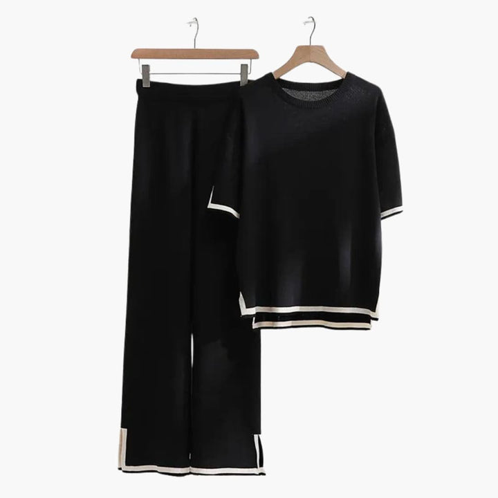 Esmeisse | Women's Wide Trousers Relaxed and Elegant Short-Sleeve Knit Set Women — Black