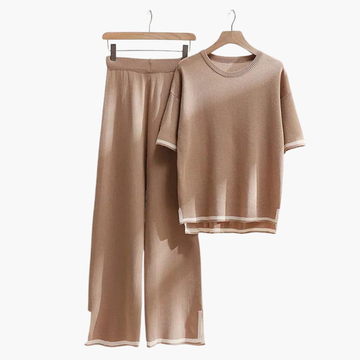 Esmeisse | Women's Wide Trousers Relaxed and Elegant Short-Sleeve Knit Set Women — Khaki