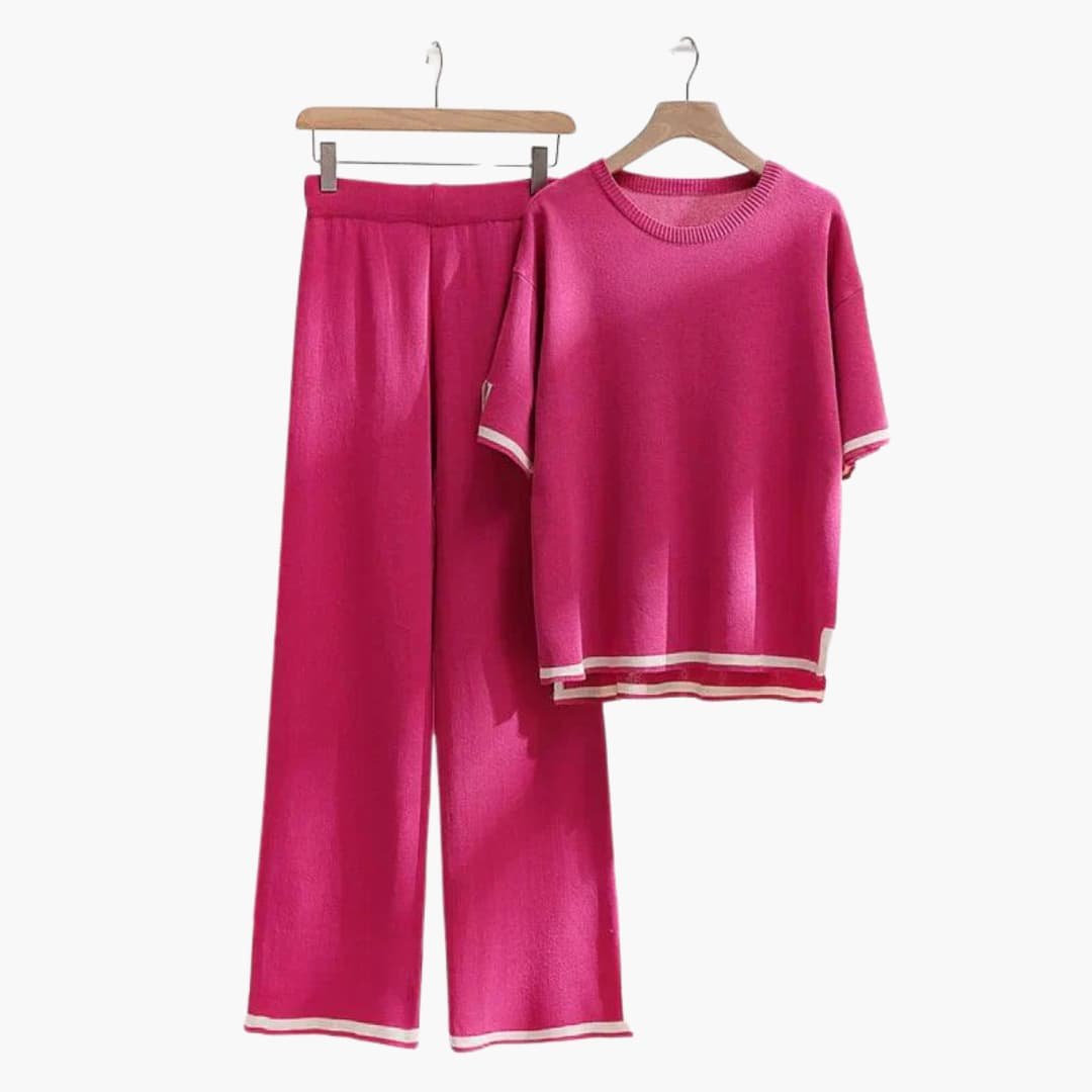 Esmeisse | Women's Wide Trousers Relaxed and Elegant Short-Sleeve Knit Set Women — Magenta