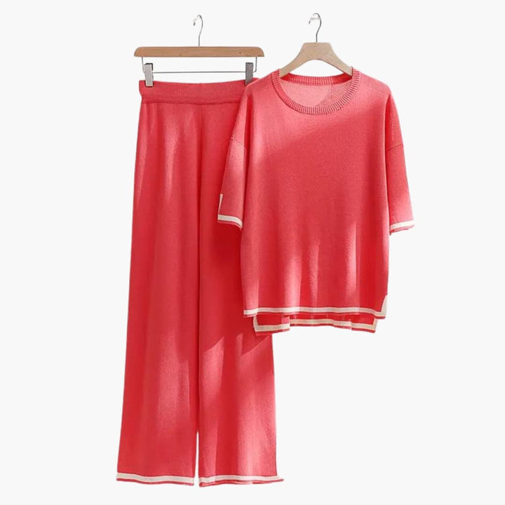 Esmeisse | Women's Wide Trousers Relaxed and Elegant Short-Sleeve Knit Set Women — Orange