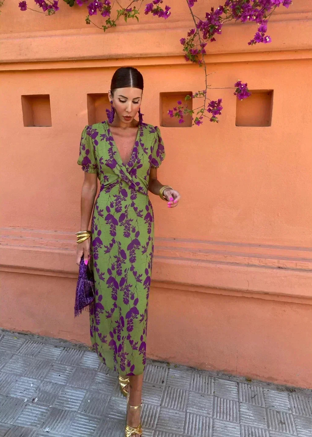 Esmemira | Women's Elegant Floral Midi Dress with Wrap V-Neckline and Puff Sleeves — 1