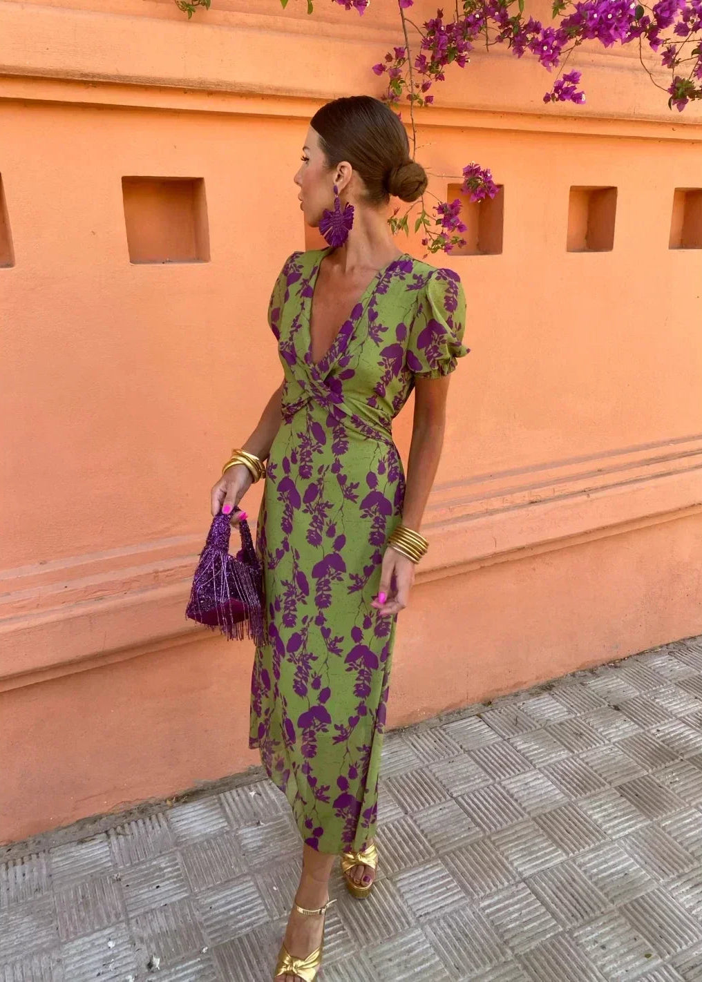 Esmemira | Women's Elegant Floral Midi Dress with Wrap V-Neckline and Puff Sleeves — 2