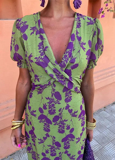 Esmemira | Women's Elegant Floral Midi Dress with Wrap V-Neckline and Puff Sleeves — Green