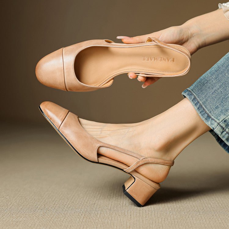 Esmenova | Women's Comfortable Leather Block Heel Mule Sandals — Apricot