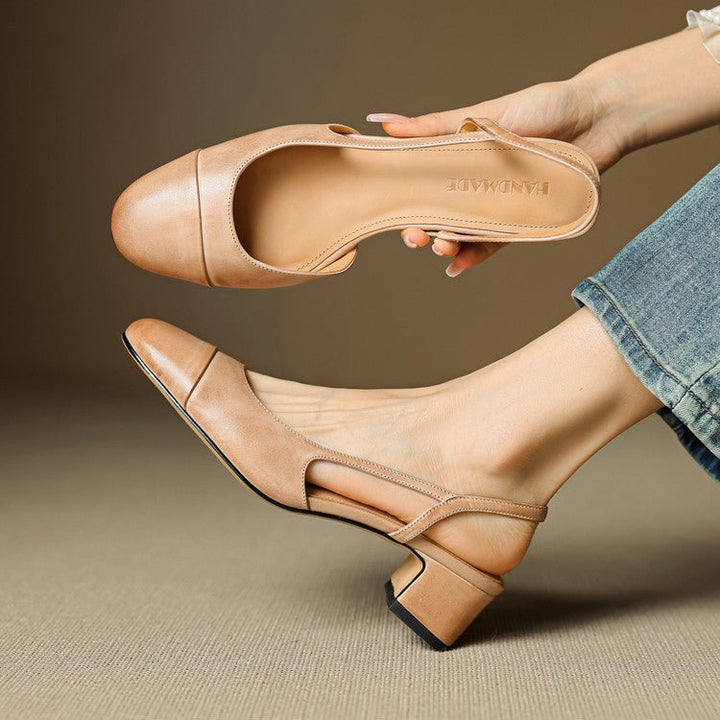 Esmenova | Women's Comfortable Leather Block Heel Mule Sandals — Apricot