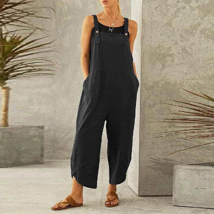 Esmeoura | Women's Wide-Leg Elegant Wide Leg Linen Jumpsuit Sleeveless Overalls — Black
